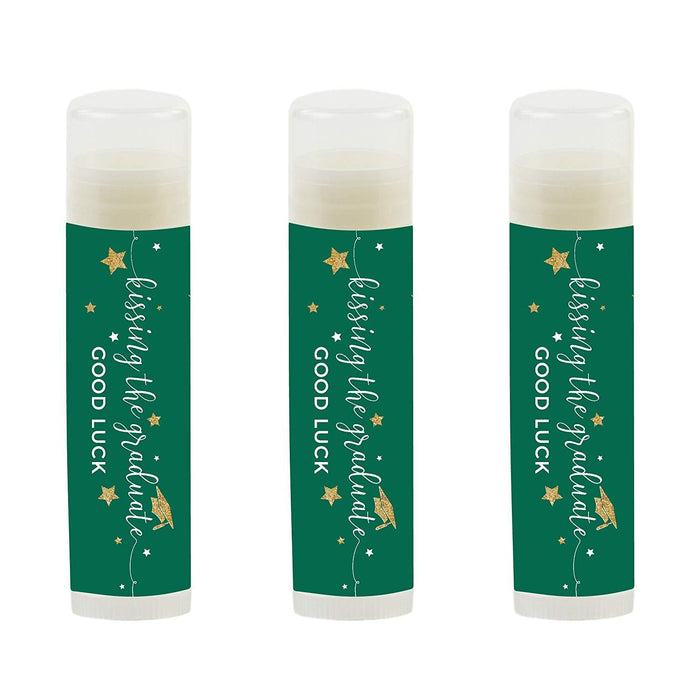 Kissing The Graduate Good Luck! Lip Balm Favors-Set of 12-Andaz Press-Emerald Forest Green and Gold Glittering-