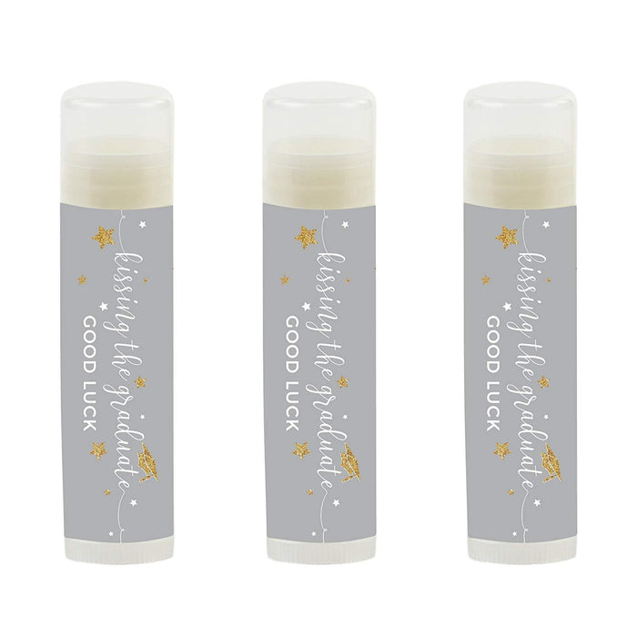 Kissing The Graduate Good Luck! Lip Balm Favors-Set of 12-Andaz Press-Gray and Gold Glittering-
