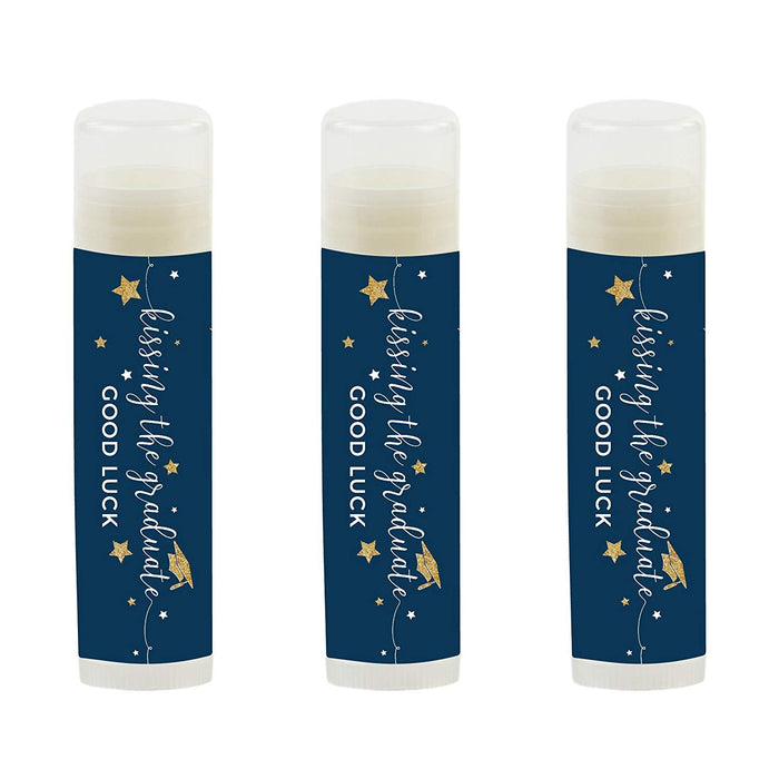 Kissing The Graduate Good Luck! Lip Balm Favors-Set of 12-Andaz Press-Navy Blue and Gold Glittering-
