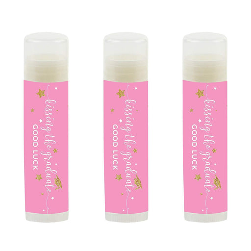 Kissing The Graduate Good Luck! Lip Balm Favors-Set of 12-Andaz Press-Pink and Gold Glittering-