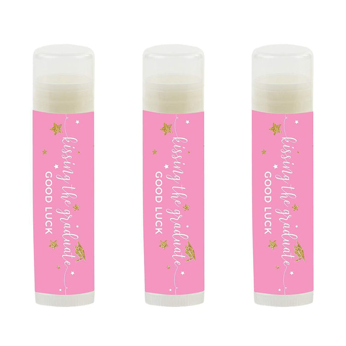 Kissing The Graduate Good Luck! Lip Balm Favors-Set of 12-Andaz Press-Pink and Gold Glittering-