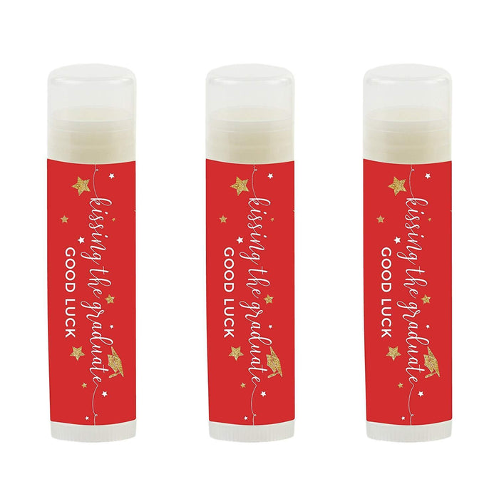 Kissing The Graduate Good Luck! Lip Balm Favors-Set of 12-Andaz Press-Red and Gold Glittering-