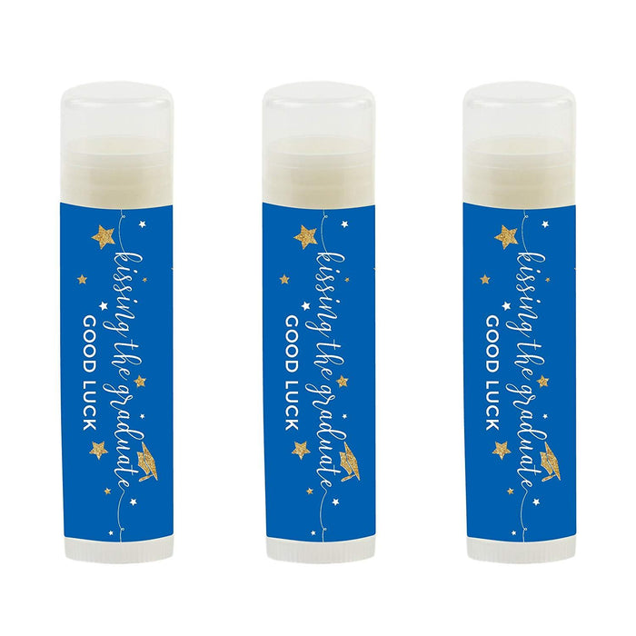 Kissing The Graduate Good Luck! Lip Balm Favors-Set of 12-Andaz Press-Royal Blue and Gold Glittering-