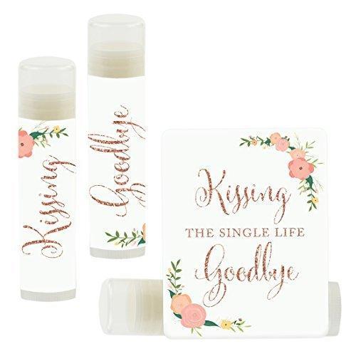 Kissing The Single Life Goodbye, Party Lip Balm Favors-Set of 12-Andaz Press-Faux Rose Gold Glitter Print with Florals-