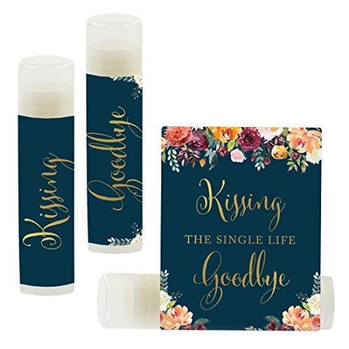 Kissing The Single Life Goodbye, Party Lip Balm Favors-Set of 12-Andaz Press-Metallic Gold Ink on Navy Blue with Burgundy Florals-