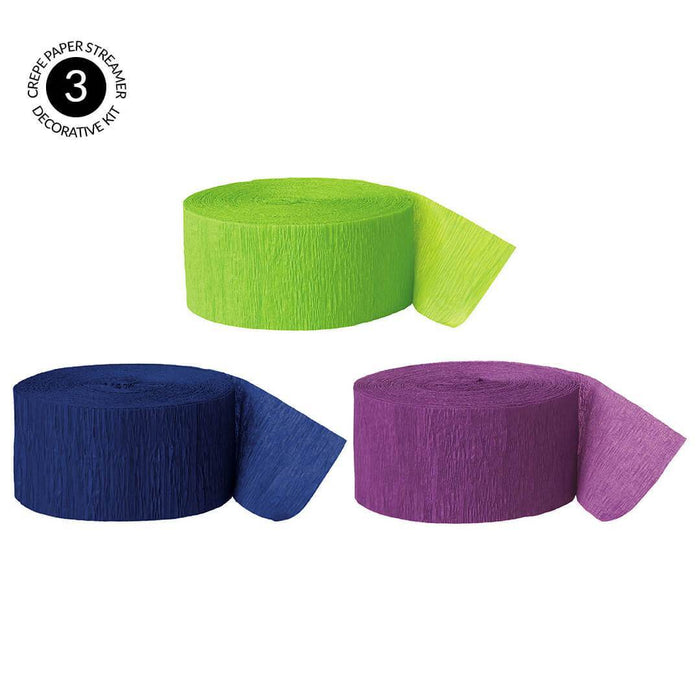 Kiwi Green, Navy Blue, Purple Crepe Paper Streamer Hanging Decorative Kit-Set of 3-Andaz Press-