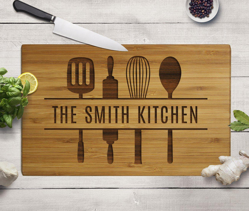 Large Custom Bamboo Wood Cutting Board Gift, Utensils Graphic-Set of 1-Andaz Press-Newlyweds Custom-