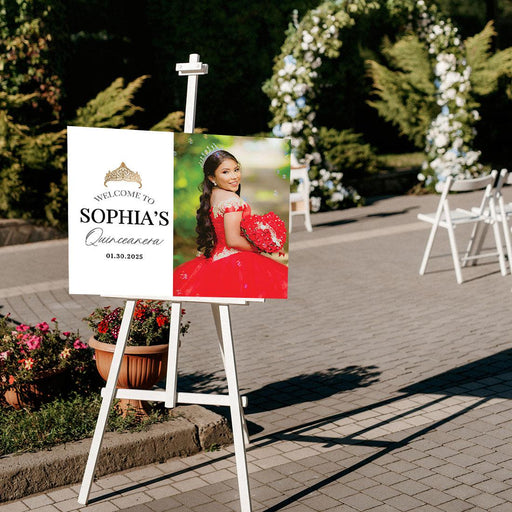 Large Custom Photo Quinceañera Welcome Sign, Canvas Sign for Sweet 15-Set of 1-Andaz Press-Custom Photo with Gold Crown-