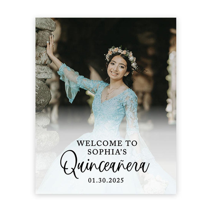 Large Custom Photo Quinceañera Welcome Sign, Canvas Sign for Sweet 15-Set of 1-Andaz Press-White with Black Welcome Sign-