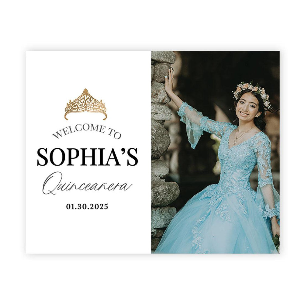 Large Custom Photo Quinceañera Welcome Sign, Canvas Sign for Sweet 15-Set of 1-Andaz Press-Custom Photo with Gold Crown-