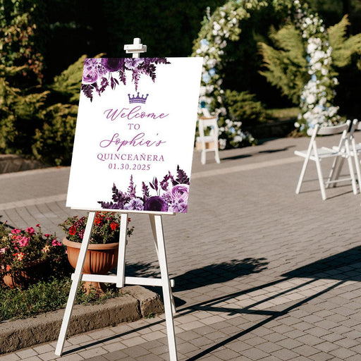 Large Custom Quinceañera Welcome Sign, Canvas Sign for Sweet 15-Set of 1-Andaz Press-Purple, Lavender, and Lilac Flowers-