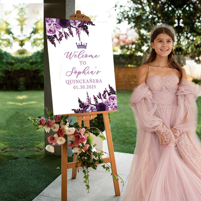 Large Custom Quinceañera Welcome Sign, Canvas Sign for Sweet 15-Set of 1-Andaz Press-Purple, Lavender, and Lilac Flowers-