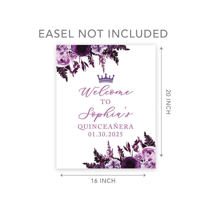 Large Custom Quinceañera Welcome Sign, Canvas Sign for Sweet 15-Set of 1-Andaz Press-Purple, Lavender, and Lilac Flowers-