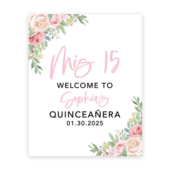 Large Custom Quinceañera Welcome Sign, Canvas Sign for Sweet 15-Set of 1-Andaz Press-Purple, Lavender, and Lilac Flowers-