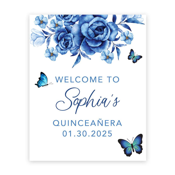 Large Custom Quinceañera Welcome Sign, Canvas Sign for Sweet 15-Set of 1-Andaz Press-Blue Butterflies & Florals-