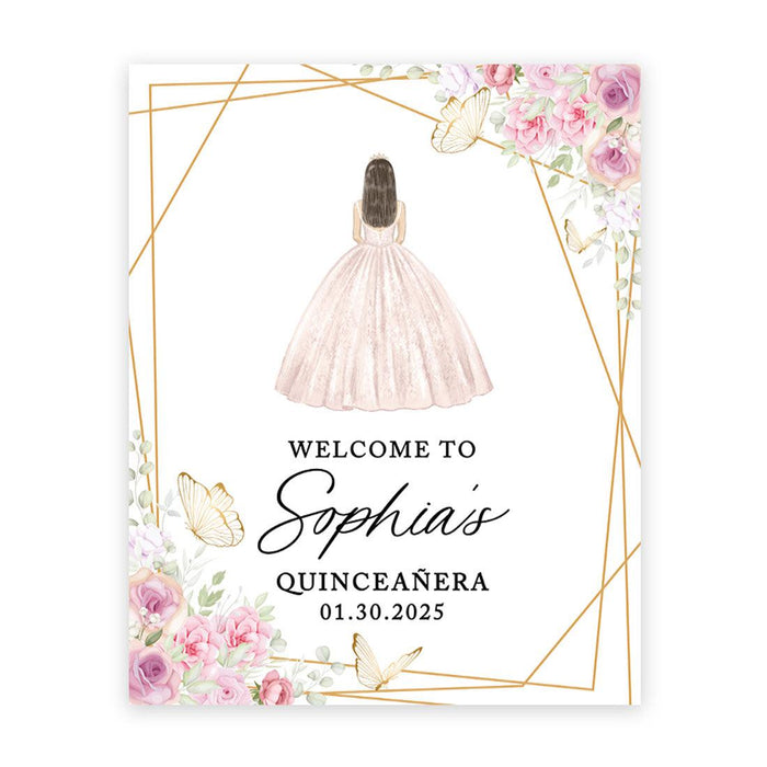 Large Custom Quinceañera Welcome Sign, Canvas Sign for Sweet 15-Set of 1-Andaz Press-Blush Doll with Dress-