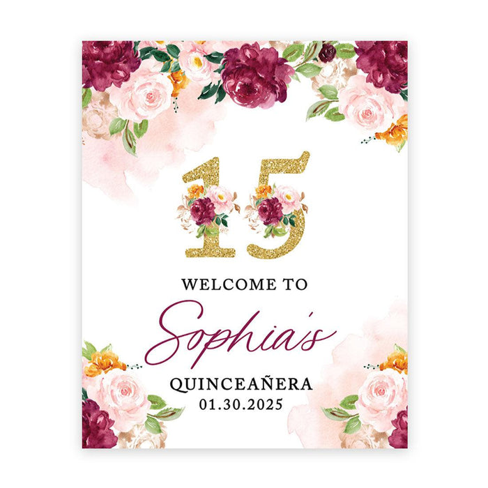Large Custom Quinceañera Welcome Sign, Canvas Sign for Sweet 15-Set of 1-Andaz Press-Burgundy & Blush Florals-