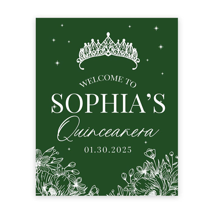 Large Custom Quinceañera Welcome Sign, Canvas Sign for Sweet 15-Set of 1-Andaz Press-Crown with Line Design Florals-