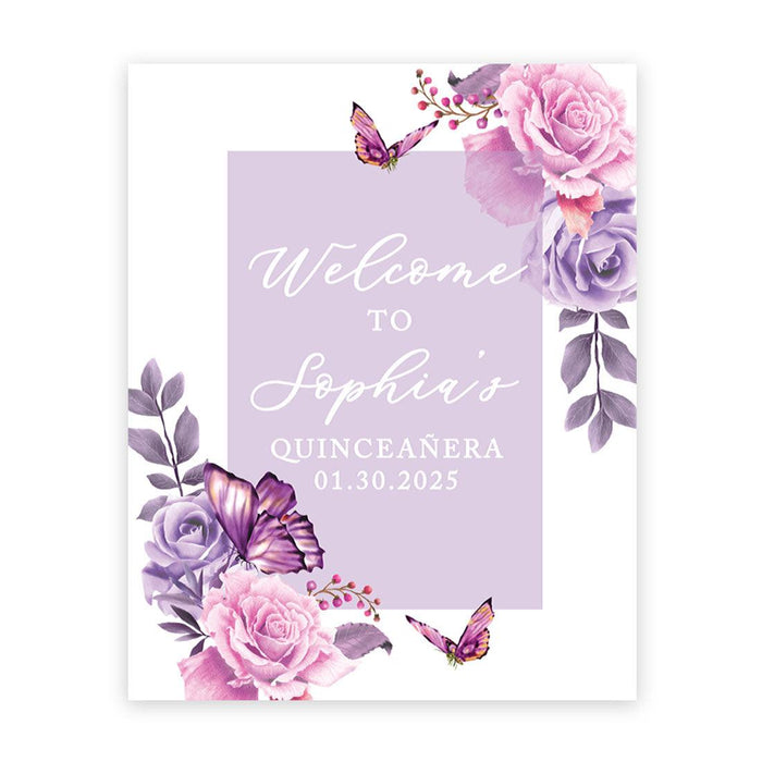 Large Custom Quinceañera Welcome Sign, Canvas Sign for Sweet 15-Set of 1-Andaz Press-Lilac Lavender with Butterflies-