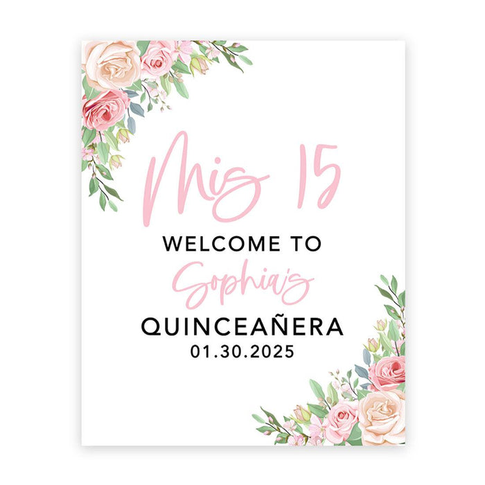 Large Custom Quinceañera Welcome Sign, Canvas Sign for Sweet 15-Set of 1-Andaz Press-Pink & Cream Roses-
