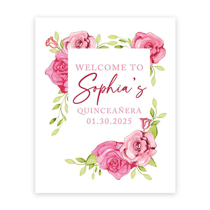 Large Custom Quinceañera Welcome Sign, Canvas Sign for Sweet 15-Set of 1-Andaz Press-Pink Watercolor Roses-