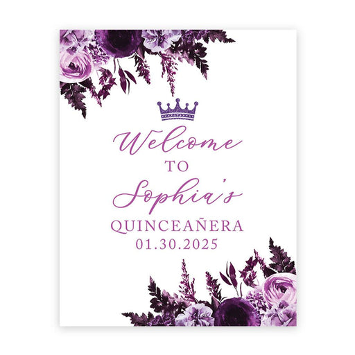 Large Custom Quinceañera Welcome Sign, Canvas Sign for Sweet 15-Set of 1-Andaz Press-Purple, Lavender, and Lilac Flowers-