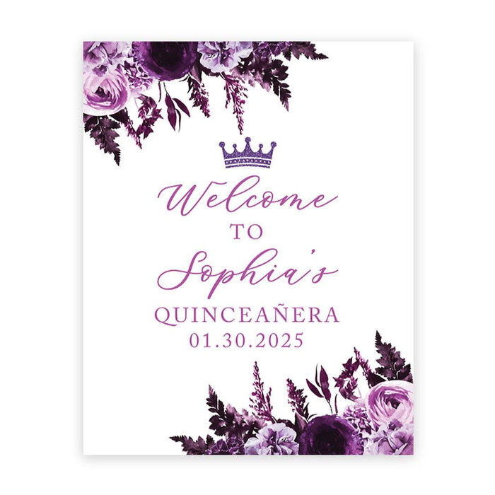 Large Custom Quinceañera Welcome Sign, Canvas Sign for Sweet 15-Set of 1-Andaz Press-Purple, Lavender, and Lilac Flowers-