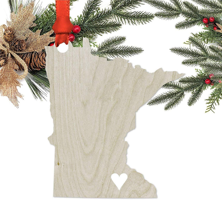 Laser Engraved Wood Christmas Ornament, Cut Out Heart Home Home, Minnesota-Set of 1-Andaz Press-