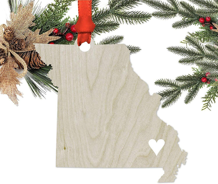 Laser Engraved Wood Christmas Ornament, Cut Out Heart Home Home, Missouri-Set of 1-Andaz Press-