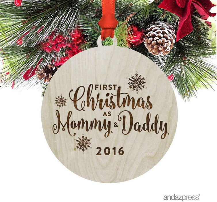 Laser Engraved Wood Christmas Ornament, First Christmas as Mommy & Daddy, Custom Year-Set of 1-Andaz Press-