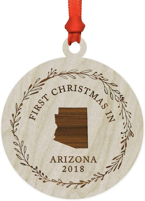 Laser Engraved Wood Christmas Ornament, First Christmas in Arizona, Custom Year-Set of 1-Andaz Press-