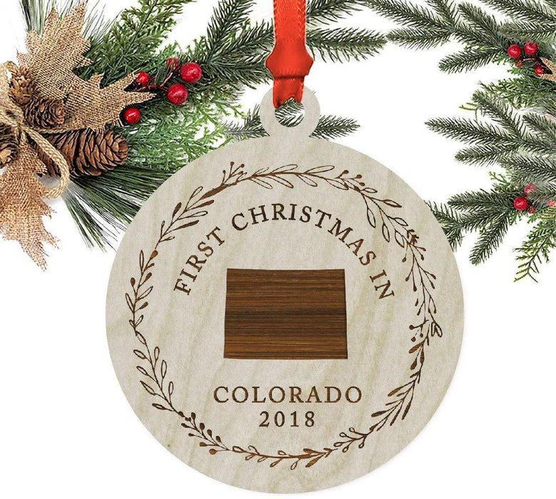 Laser Engraved Wood Christmas Ornament, First Christmas in Colorado, Custom Year-Set of 1-Andaz Press-