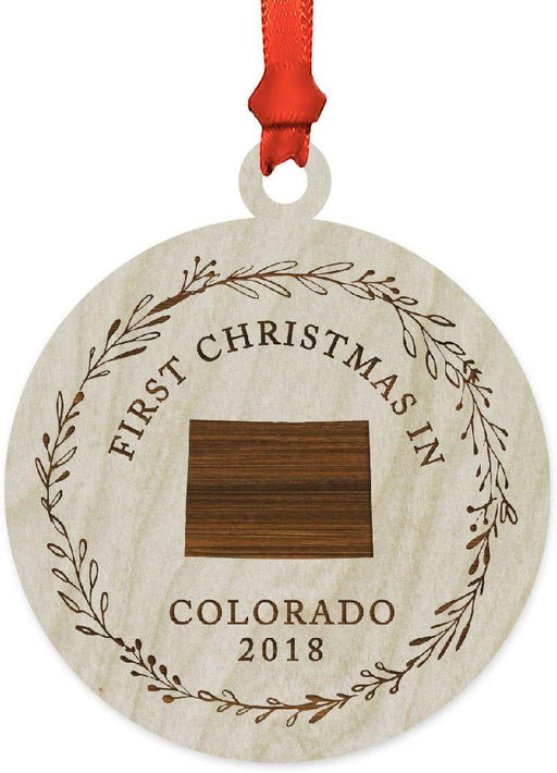 Laser Engraved Wood Christmas Ornament, First Christmas in Colorado, Custom Year-Set of 1-Andaz Press-