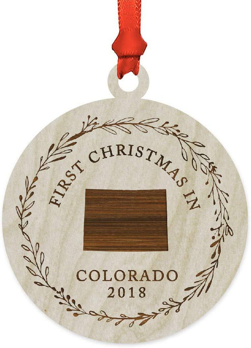 Laser Engraved Wood Christmas Ornament, First Christmas in Colorado, Custom Year-Set of 1-Andaz Press-
