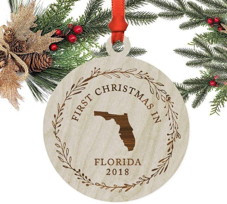 Laser Engraved Wood Christmas Ornament, First Christmas in Florida, Custom Year-Set of 1-Andaz Press-