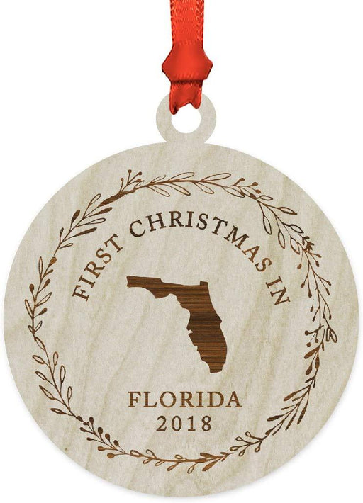 Laser Engraved Wood Christmas Ornament, First Christmas in Florida, Custom Year-Set of 1-Andaz Press-