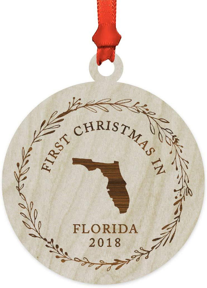 Laser Engraved Wood Christmas Ornament, First Christmas in Florida, Custom Year-Set of 1-Andaz Press-