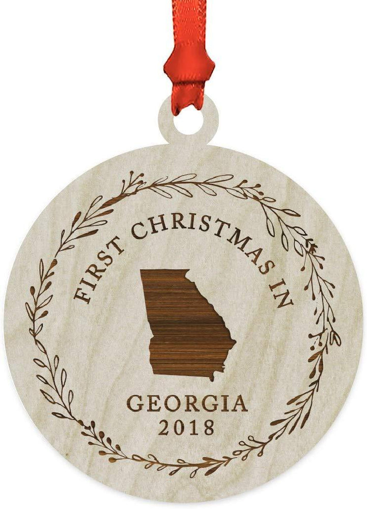 Laser Engraved Wood Christmas Ornament, First Christmas in Georgia, Custom Year-Set of 1-Andaz Press-