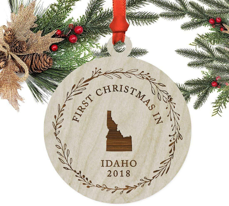 Laser Engraved Wood Christmas Ornament, First Christmas in Idaho, Custom Year-Set of 1-Andaz Press-
