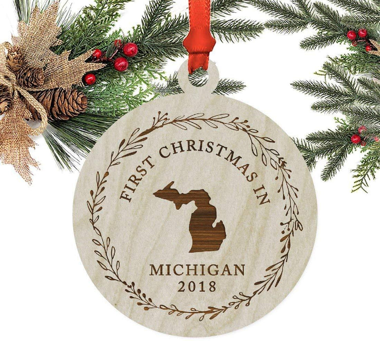 Laser Engraved Wood Christmas Ornament, First Christmas in Michigan, Custom Year-Set of 1-Andaz Press-