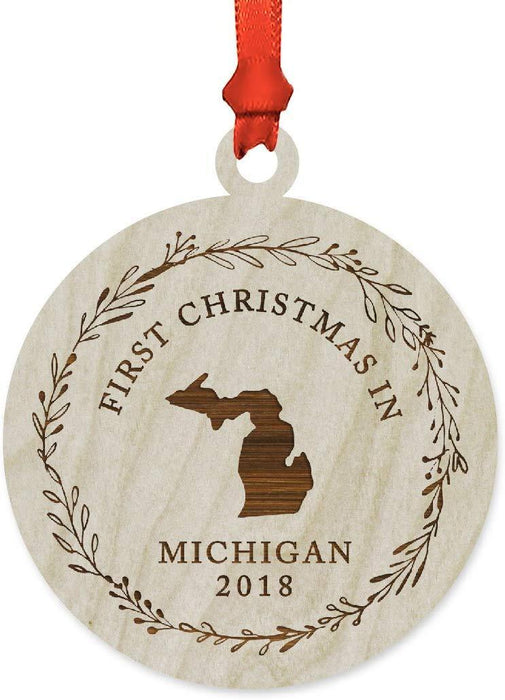 Laser Engraved Wood Christmas Ornament, First Christmas in Michigan, Custom Year-Set of 1-Andaz Press-