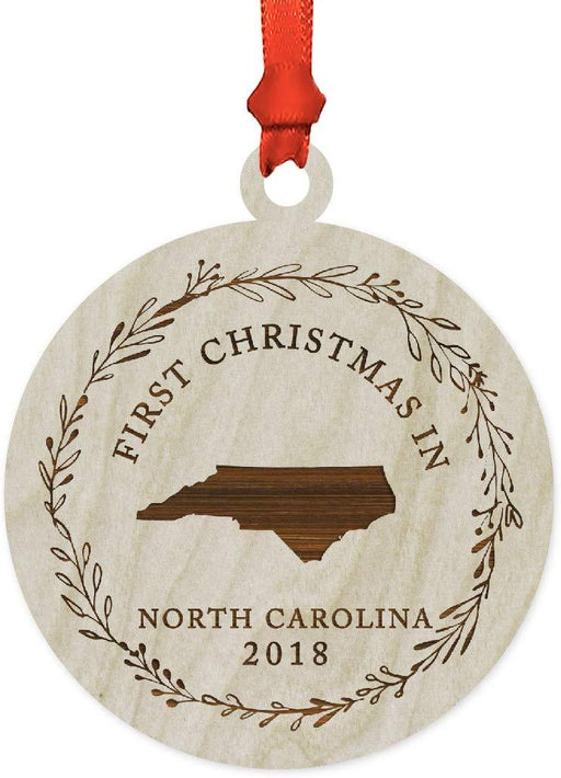 Laser Engraved Wood Christmas Ornament, First Christmas in North Carolina, Custom Year-Set of 1-Andaz Press-