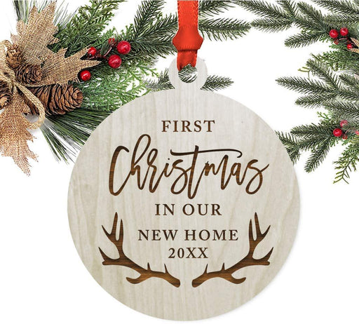 Laser Engraved Wood Christmas Ornament, First Christmas in Our New Home, Custom Year, Deer Antlers-Set of 1-Andaz Press-
