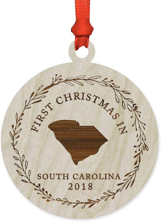 Laser Engraved Wood Christmas Ornament, First Christmas in South Carolina, Custom Year-Set of 1-Andaz Press-