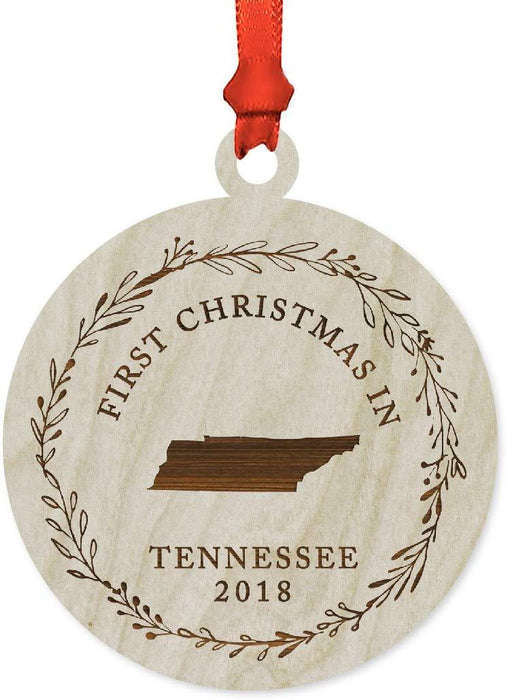 Laser Engraved Wood Christmas Ornament, First Christmas in Tennessee, Custom Year-Set of 1-Andaz Press-