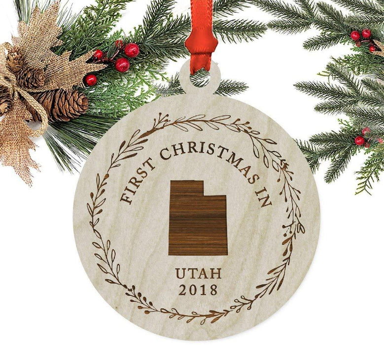 Laser Engraved Wood Christmas Ornament, First Christmas in Utah, Custom Year-Set of 1-Andaz Press-