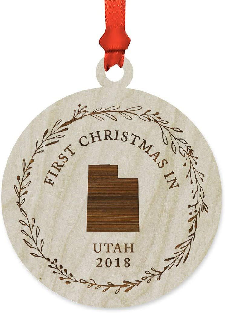 Laser Engraved Wood Christmas Ornament, First Christmas in Utah, Custom Year-Set of 1-Andaz Press-