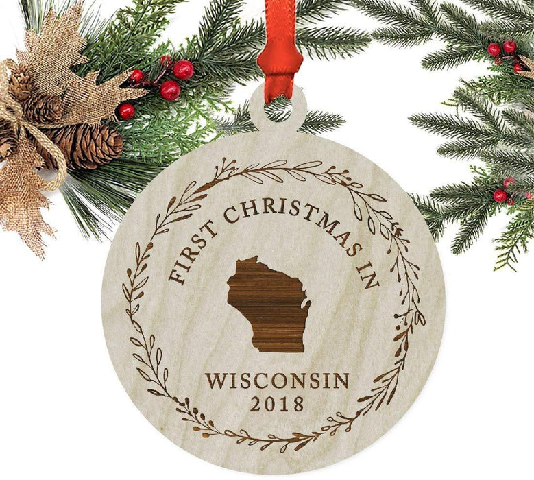Laser Engraved Wood Christmas Ornament, First Christmas in Wisconsin, Custom Year-Set of 1-Andaz Press-