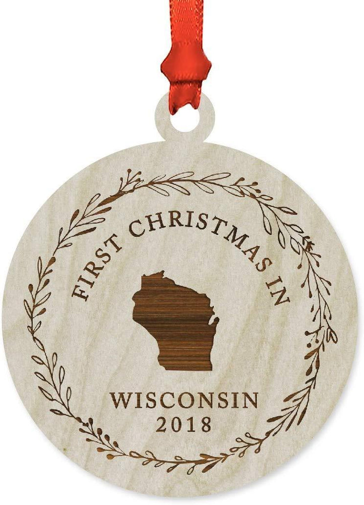 Laser Engraved Wood Christmas Ornament, First Christmas in Wisconsin, Custom Year-Set of 1-Andaz Press-