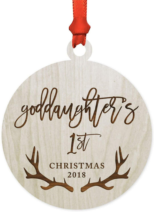 Laser Engraved Wood Christmas Ornament, Goddaughter's 1st Christmas, Custom Year, Deer Antlers-Set of 1-Andaz Press-
